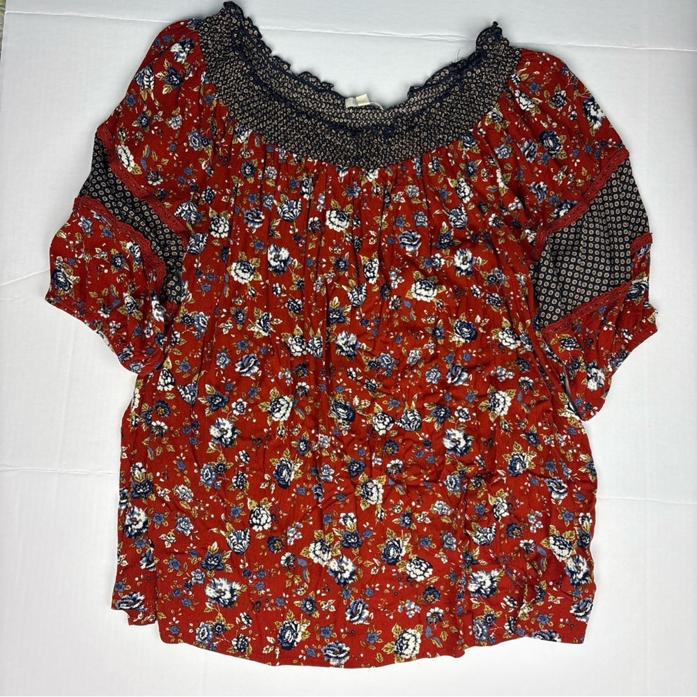 Loralette Women's 4X Shirt Peasant Floral Rusty Red Navy Blue On Off Shoulder